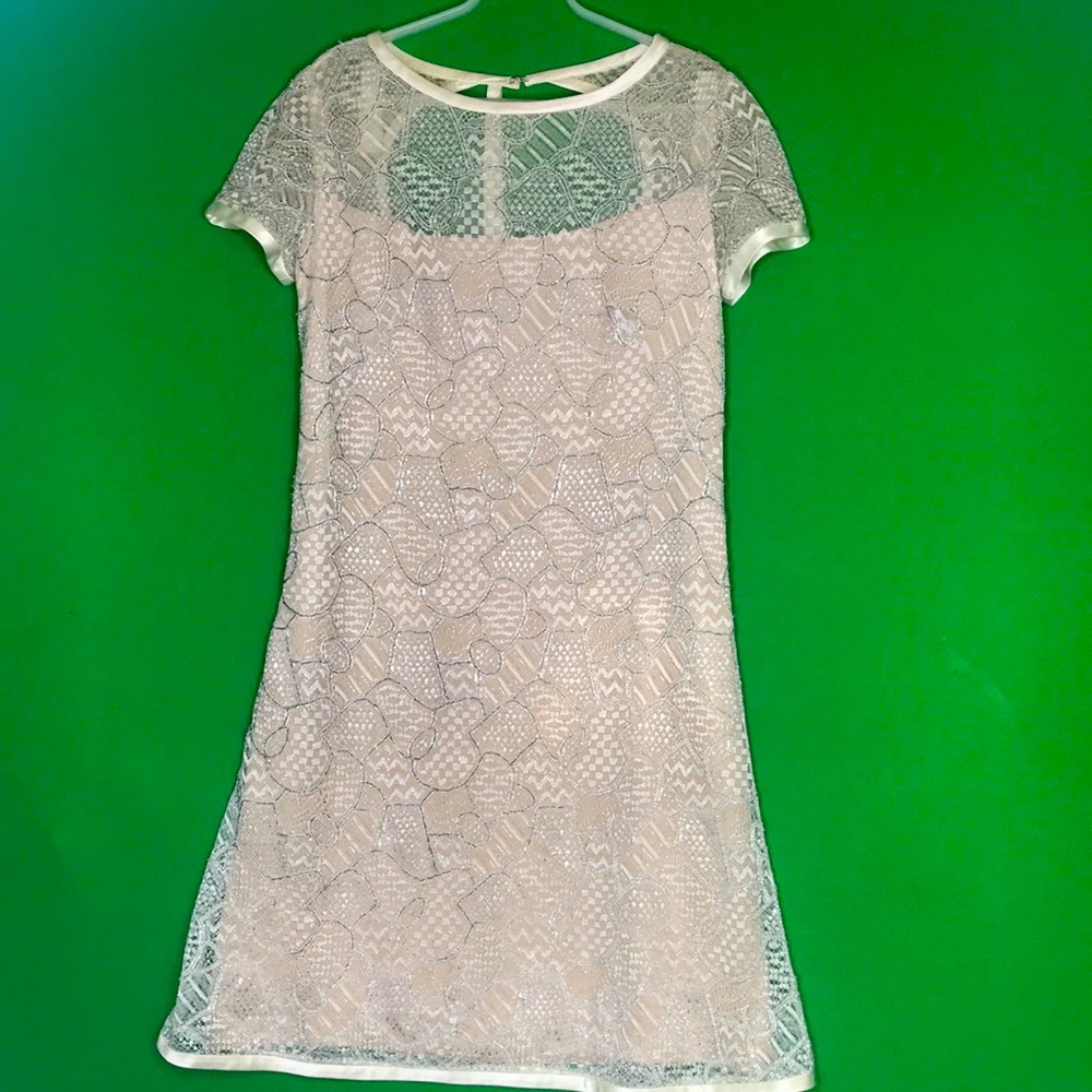 BOB MACKIE Vintage beaded, cocktail dress. Cream, silver, clear beading. Size 8